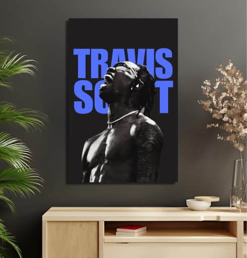 A custom poster printed and hung above a sideboard